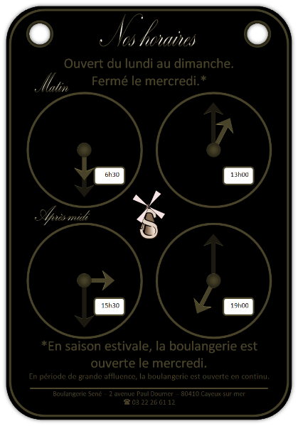 Boulangerie Sené Cayeux-sur-mer Plaque horaires [2011-2016] (Conception graphique de Didier Desmet) [Artiste Infirme Moteur Cérébral] [Infirmité Motrice Cérébrale] [IMC] [Paralysie Cérébrale] [Cerebral Palsy] [Handicap]